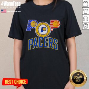 Alt Text: Ladies tee featuring the Indiana Pacers logo with an American flag design, perfect for fans and casual wear.