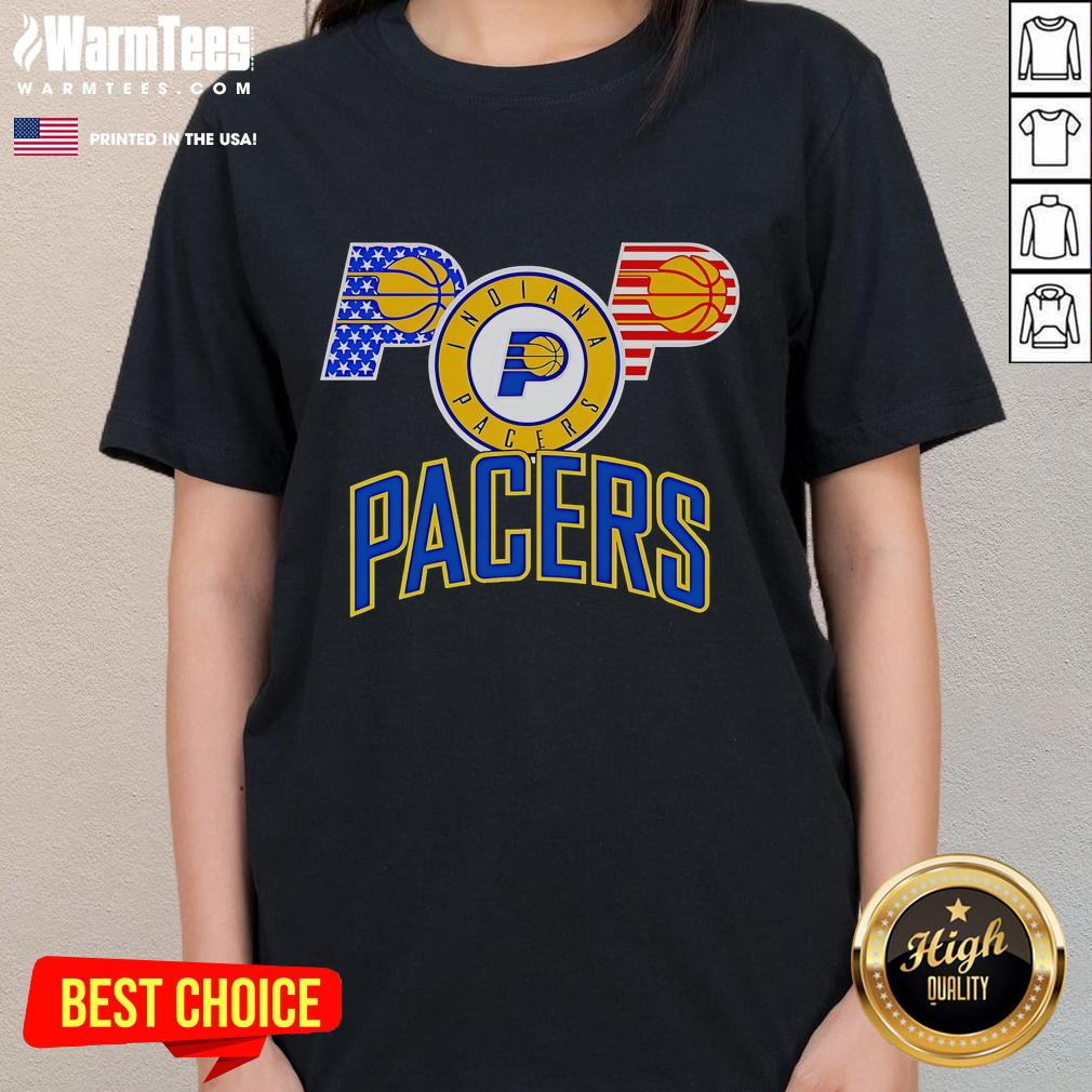 Alt Text: Ladies tee featuring the Indiana Pacers logo with an American flag design, perfect for fans and casual wear.