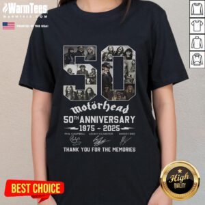 Good Motorhead 50th Anniversary 1975-2025 Ladies Tee celebrating classic rock with a heartfelt 'Thank You For The Memories' design.