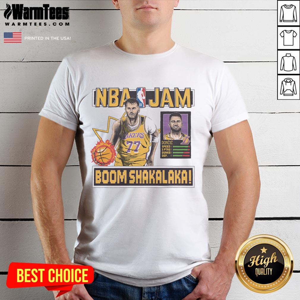 Good NBA Jam Lakers Luka Doncic T-Shirt featuring vibrant graphics of Luka Doncic in Lakers colors.