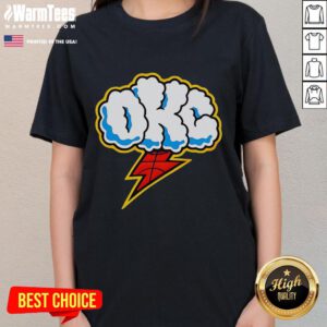 Alt Text: Good Oklahoma City Thunder ladies tee featuring a cloudy sky and lightning design, perfect for fans.