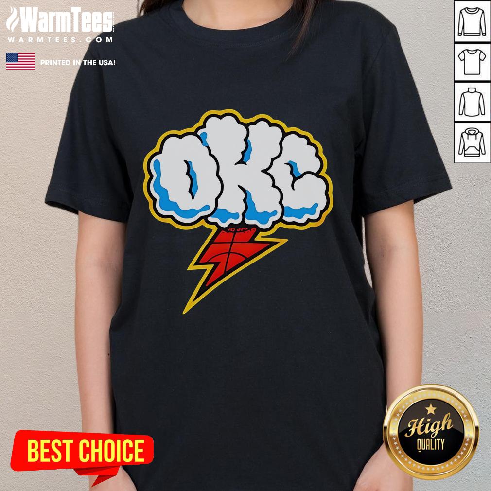 Alt Text: Good Oklahoma City Thunder ladies tee featuring a cloudy sky and lightning design, perfect for fans.