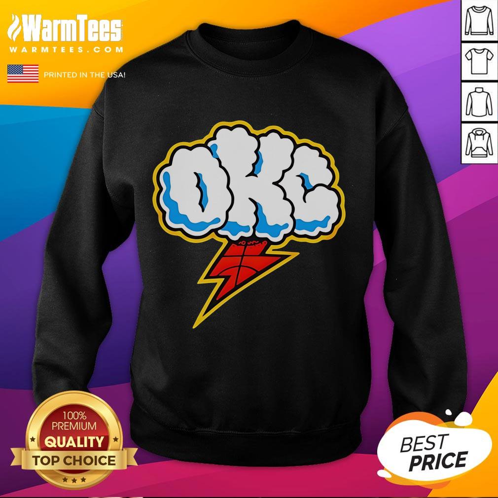Good Oklahoma City Thunder sweatshirt featuring a cloudy sky and lightning design, perfect for fans and cool weather.
