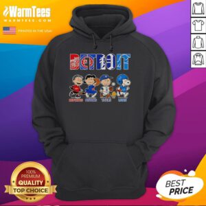 Good Peanuts hoodie featuring Detroit Red Wings, Pistons, Tigers, and Lions logos for sports fans.
