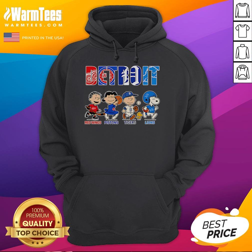 Good Peanuts hoodie featuring Detroit Red Wings, Pistons, Tigers, and Lions logos for sports fans.