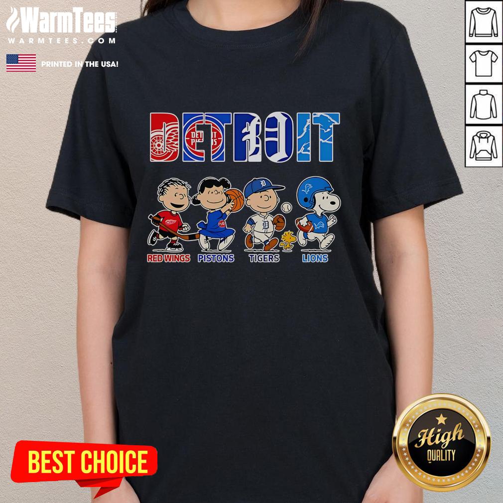 Good Peanuts Detroit Red Wings Pistons Tigers Lions Sports Ladies Tee featuring team logos and vibrant colors.