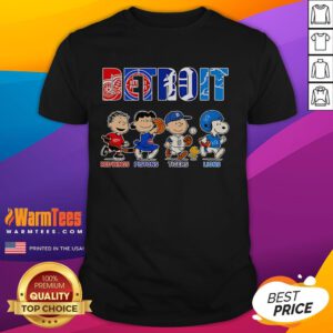 Good Peanuts Detroit sports T-shirt featuring Red Wings, Pistons, Tigers, and Lions logos for fans of all teams.