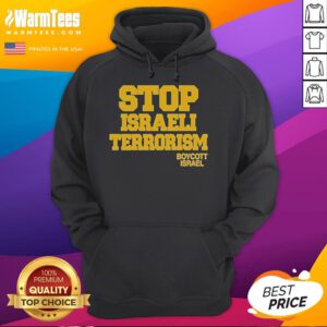 Good Robert Martin Stop Israeli Terrorism Boycott Israel hoodie worn by a supporter at a protest against Israeli actions.