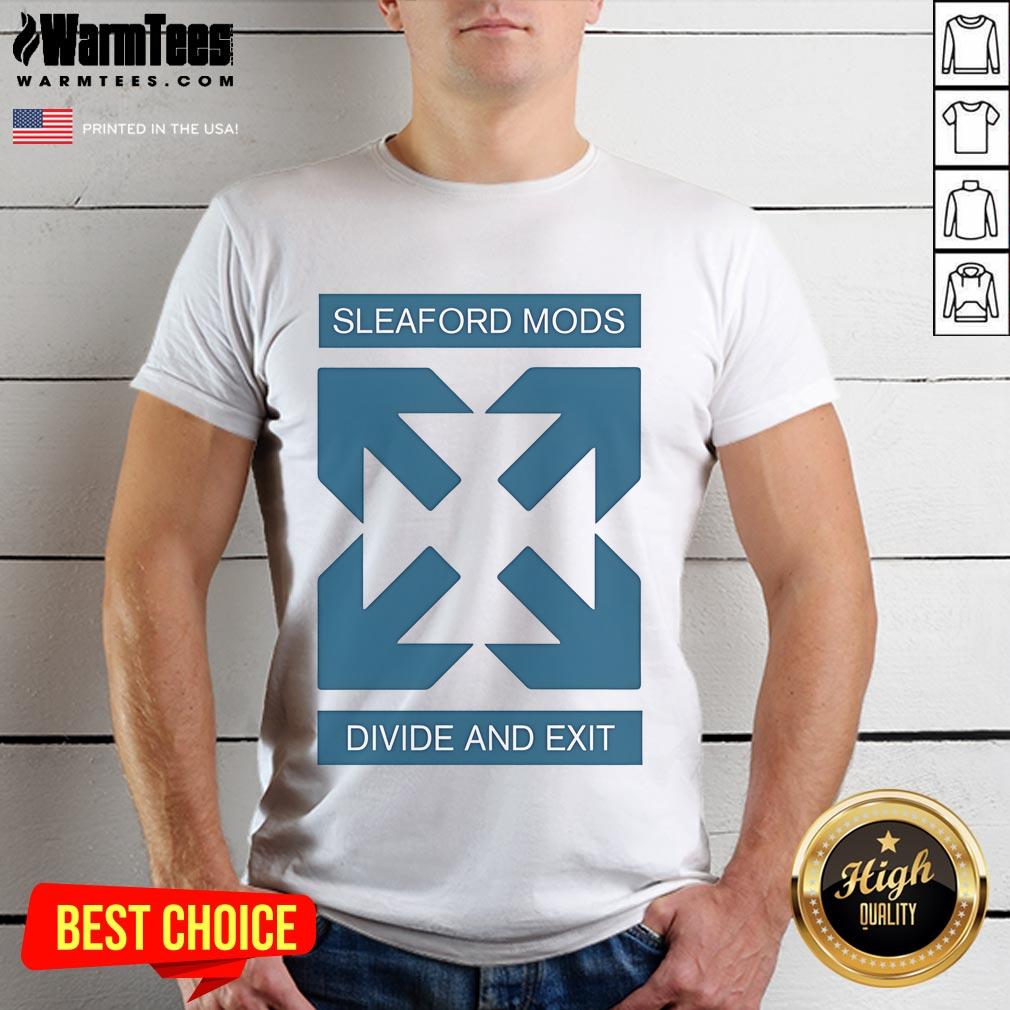 Good Sleaford Mods Divide And Exit Arrow T-Shirt featuring bold graphic design and vibrant colors for fans of alternative music.