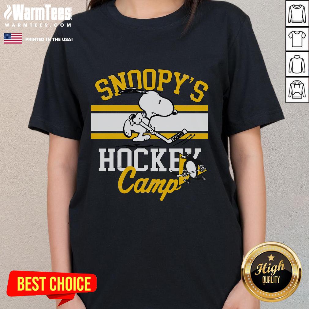 Good Snoopy Pittsburgh Penguins tee for ladies featuring Snoopy at hockey camp, perfect for NHL fans and collectors.