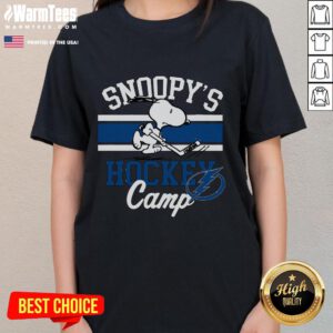 Good Snoopy Tampa Bay Lightning hockey camp tee for ladies featuring Snoopy and NHL team graphics.