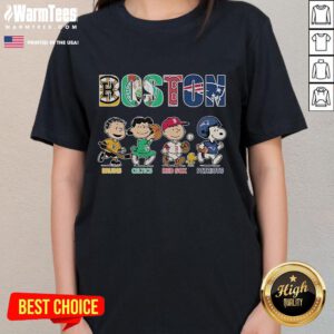 Good Snoopy The Peanuts ladies tee featuring Boston Bruins, Celtics, Red Sox, and Patriots logos for sports fans.