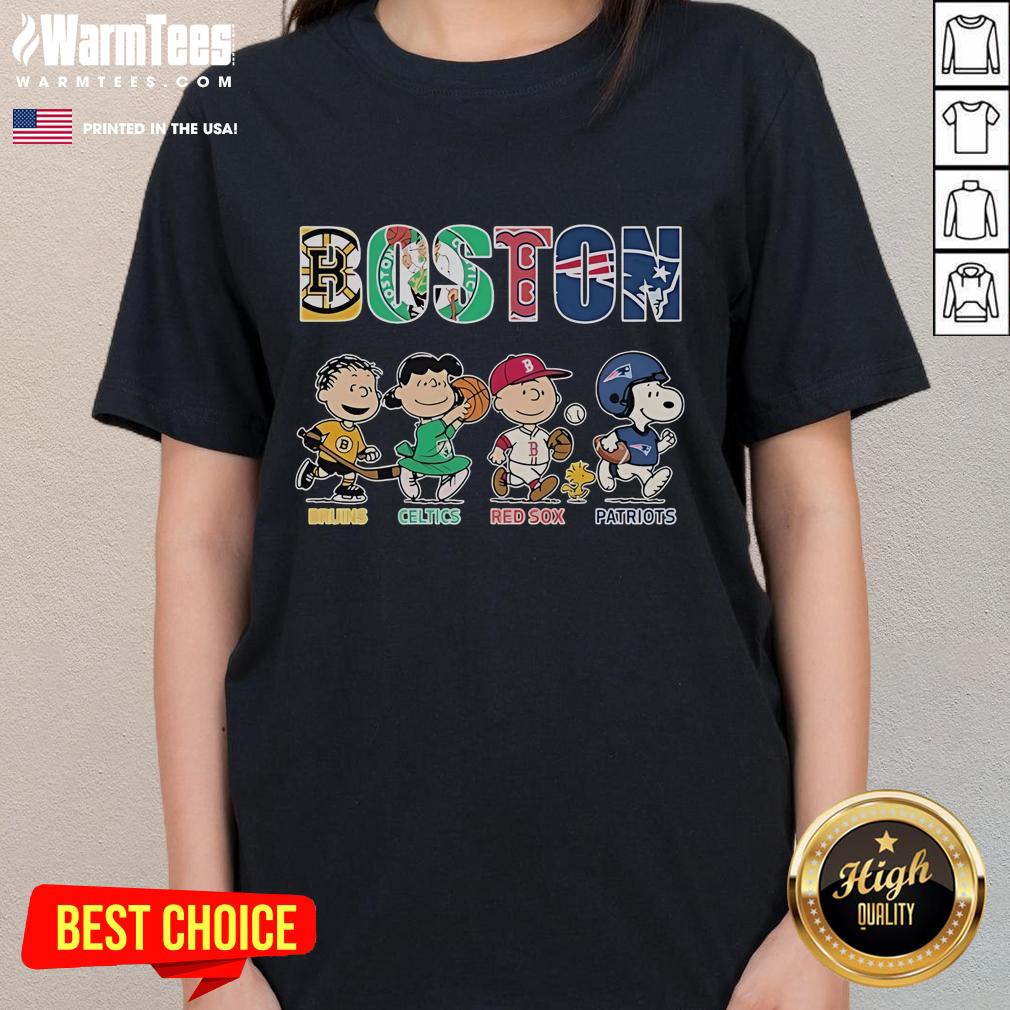 Good Snoopy The Peanuts ladies tee featuring Boston Bruins, Celtics, Red Sox, and Patriots logos for sports fans.