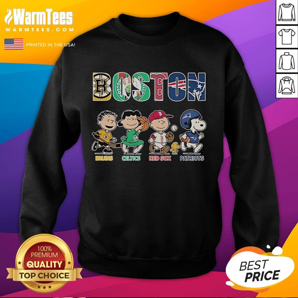 Good Snoopy Peanuts sweatshirt featuring Boston Bruins, Celtics, Red Sox, and Patriots logos for sports fans.