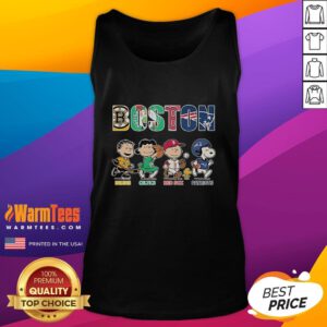 Good Snoopy tank top featuring Boston Bruins, Celtics, Red Sox, and Patriots logos for sports fans and Peanuts lovers.