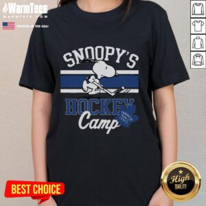 Good Snoopy Toronto Maple Leafs tee for ladies featuring Snoopy at hockey camp with NHL team logos.
