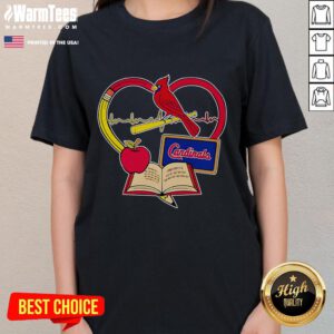 Alt Text: Good Teacher Pencil Apple Heart design on St. Louis Cardinals Ladies Tee for fans and educators.