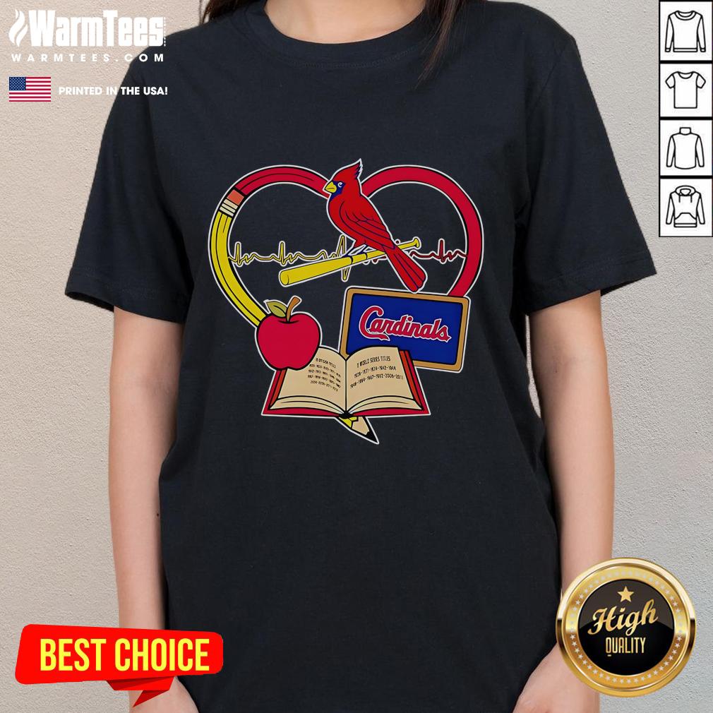 Alt Text: Good Teacher Pencil Apple Heart design on St. Louis Cardinals Ladies Tee for fans and educators.