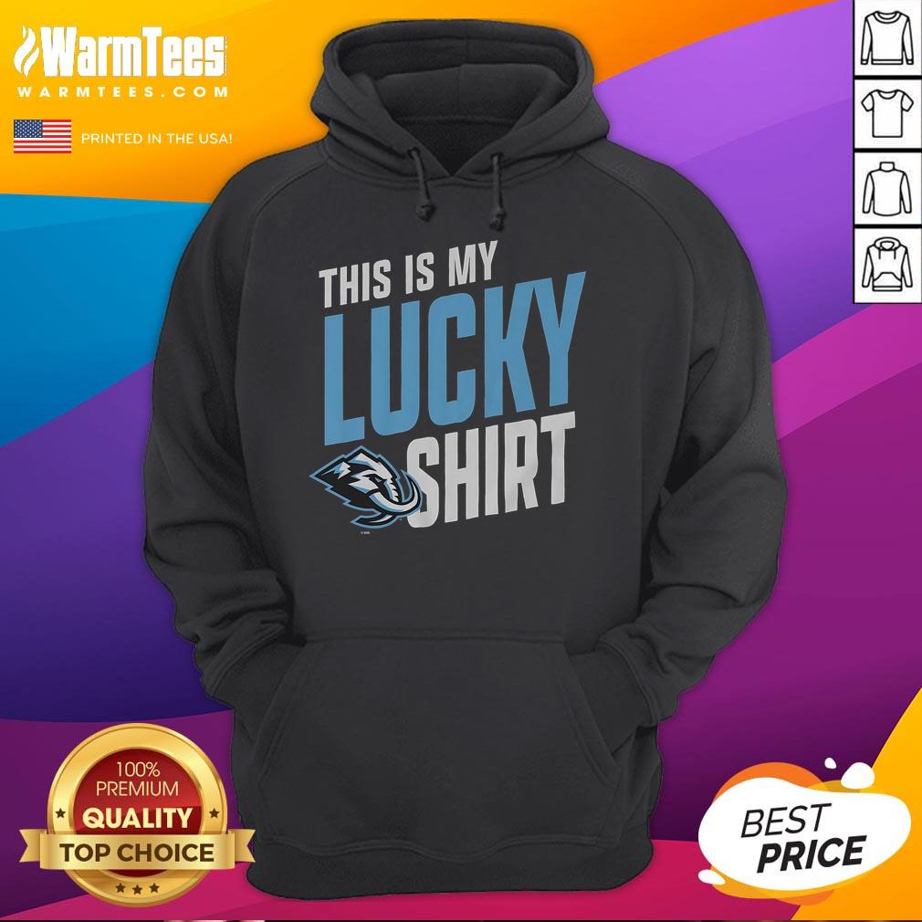 Person wearing a lucky hoodie featuring a Utah mammoth design, showcasing unique style and local pride.