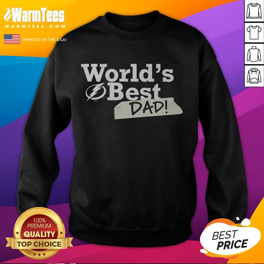 Alt Text: Happy Tampa Bay Lightning World's Best Dad sweatshirt in navy blue, perfect gift for hockey-loving fathers.