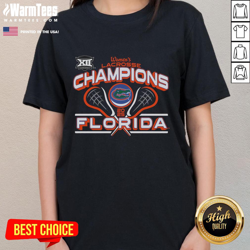 2025 Big 12 Women's Lacrosse Champions Florida Gators ladies tee showcasing team pride and vibrant colors.