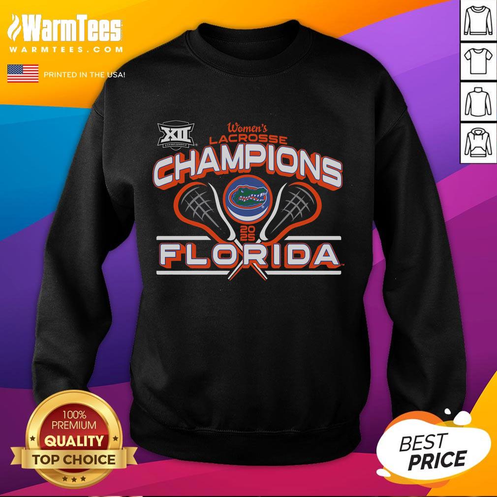 Alt Text: Florida Gators 2025 Big 12 Women's Lacrosse Conference Tournament Champions sweatshirt in vibrant colors.