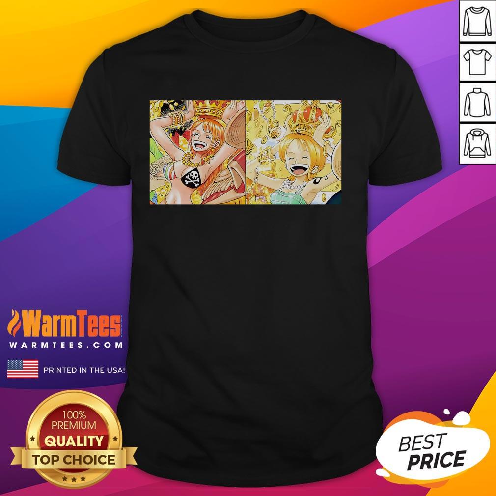 Alt Text: Cool Hot Nami One Piece t-shirt featuring a pirate theme and treasure graphics, perfect for anime fans.
