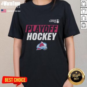 2025 Avalanche Playoff Breakout Ladies Tee featuring bold graphics and team colors, perfect for fans supporting the Avalanche.