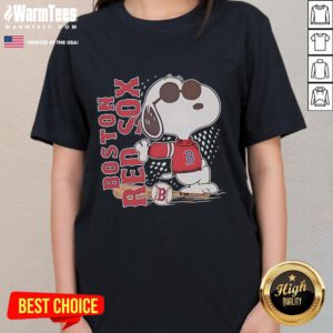 Boston Red Sox and Snoopy design on a cool ladies baseball tee, perfect for fans and stylish casual wear.