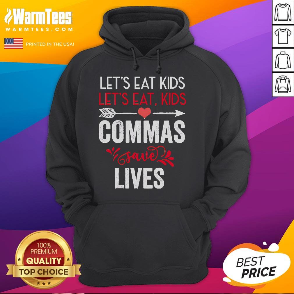 Funny grammar hoodie featuring 'Nice, Commas Save Lives' slogan, perfect for grammar enthusiasts and humor lovers.