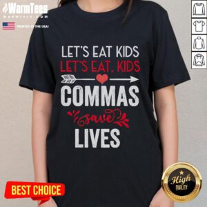 Funny grammar tee featuring 'Nice, commas save lives' design, perfect for grammar enthusiasts and casual wear.