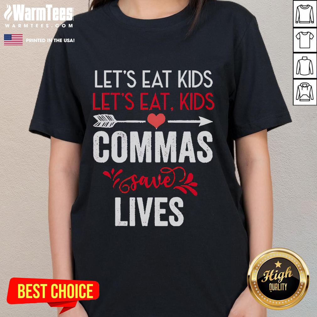 Funny grammar tee featuring 'Nice, commas save lives' design, perfect for grammar enthusiasts and casual wear.