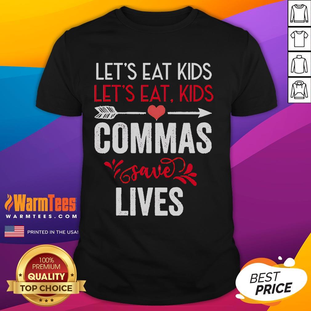 Funny grammar t-shirt featuring the phrase 'Nice Commas Save Lives' highlighting the importance of punctuation.