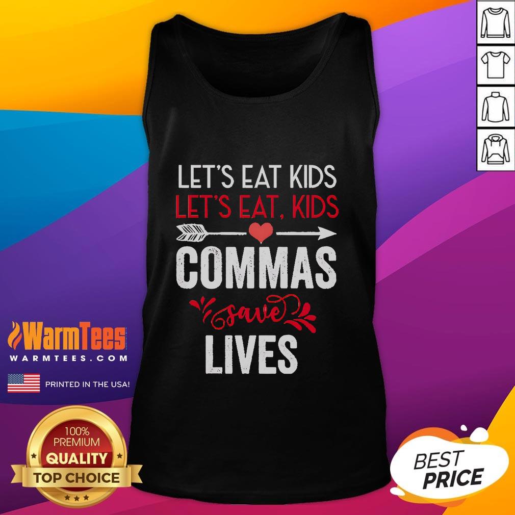 Funny grammar tank top featuring 'Nice commas save lives' slogan, perfect for grammar enthusiasts and casual wear.