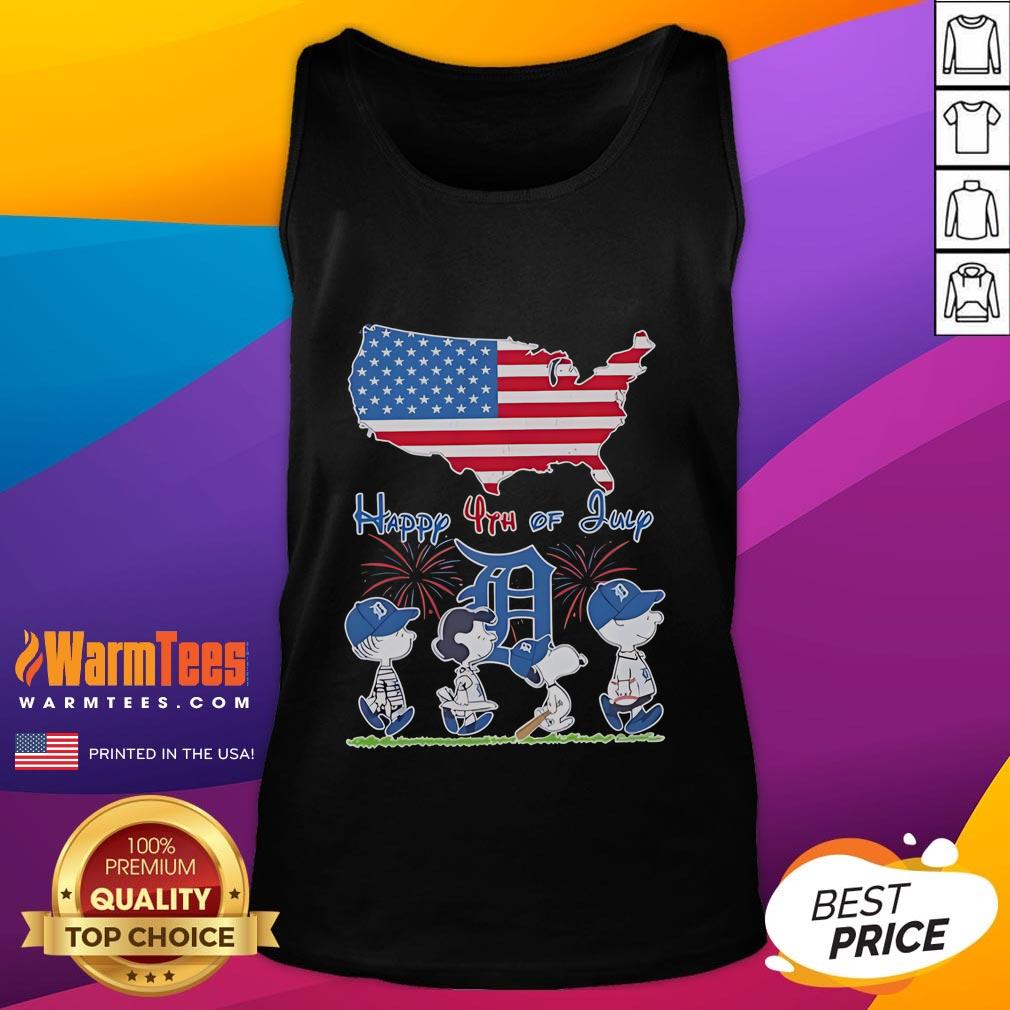 Happy 4th of July tank top featuring Snoopy and friends with the Detroit Tigers logo and American flag design.