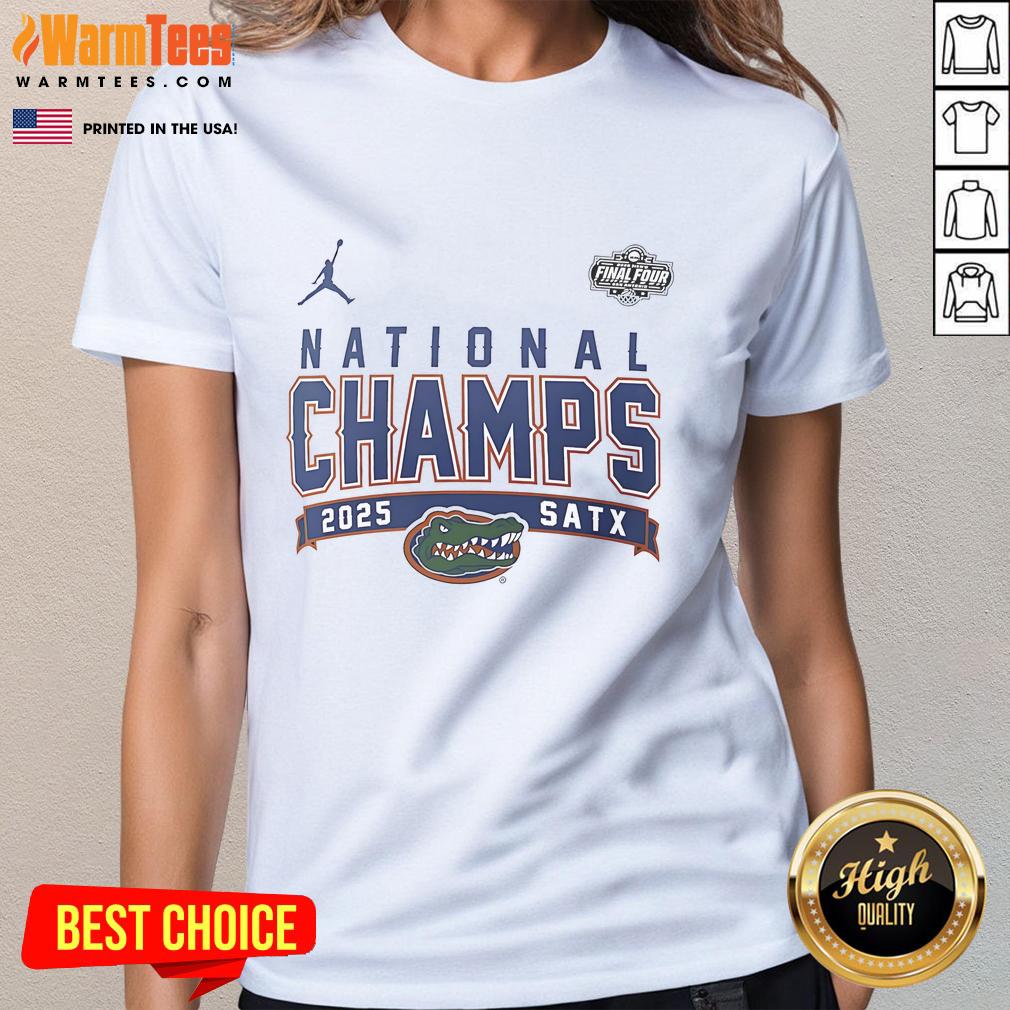Nice Florida Gators 2025 NCAA Men's Basketball National Champions ladies tee featuring vibrant team colors and logo.