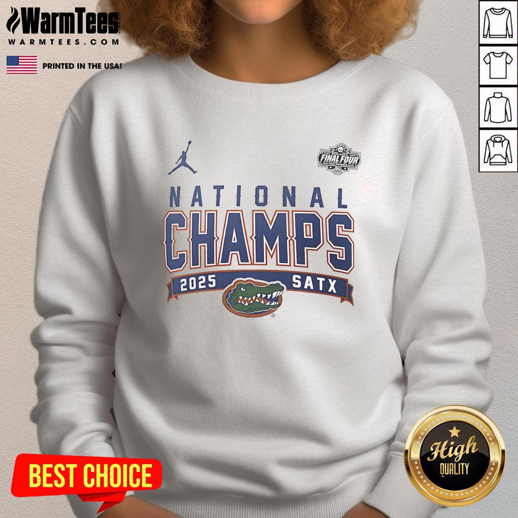 Nice Florida Gators 2025 NCAA Men's Basketball National Champions sweatshirt featuring team colors and logo.