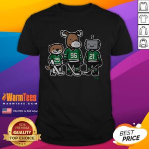 Jake Oettinger, Mikko Rantanen, and Jason Robertson on a fun Otter Moose Robo T-Shirt for hockey fans.