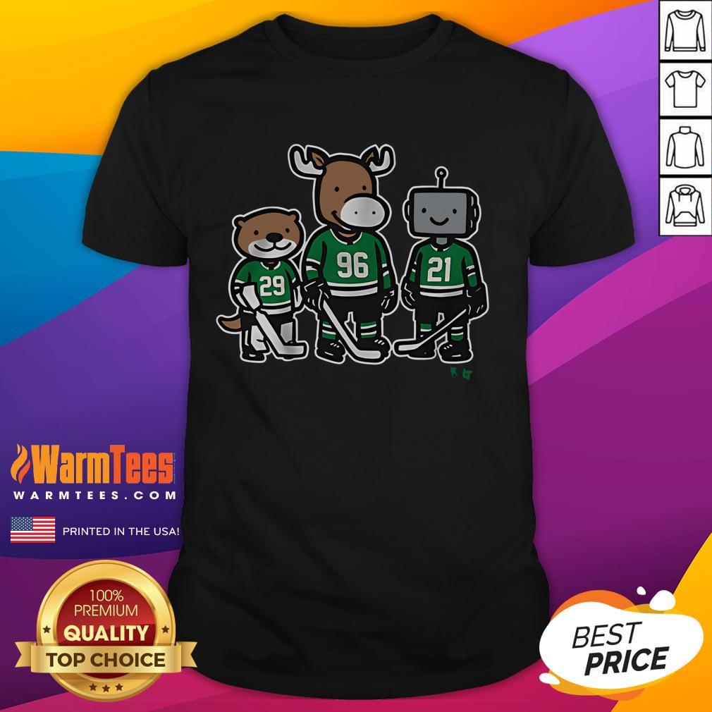 Jake Oettinger, Mikko Rantanen, and Jason Robertson on a fun Otter Moose Robo T-Shirt for hockey fans.
