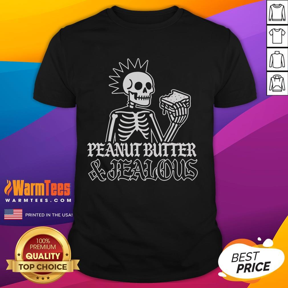 Alt Text: Cool Nice Peanut Butter And Jealous Skeleton Metal T-Shirt featuring a skeleton design and vibrant colors.
