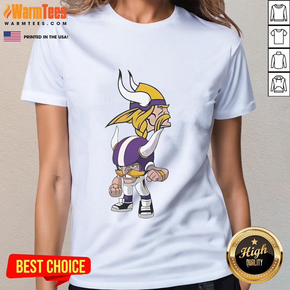 Alt Text: Official NFL Rush Zone Minnesota Vikings cartoon character ladies tee featuring vibrant graphics and team colors.