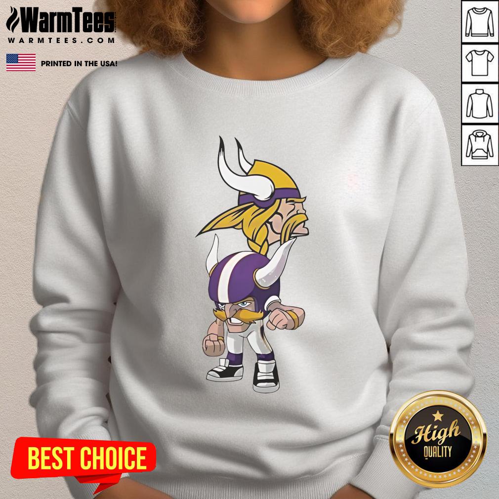Official NFL Rush Zone Minnesota Vikings cartoon character sweatshirt featuring vibrant colors and team logo.