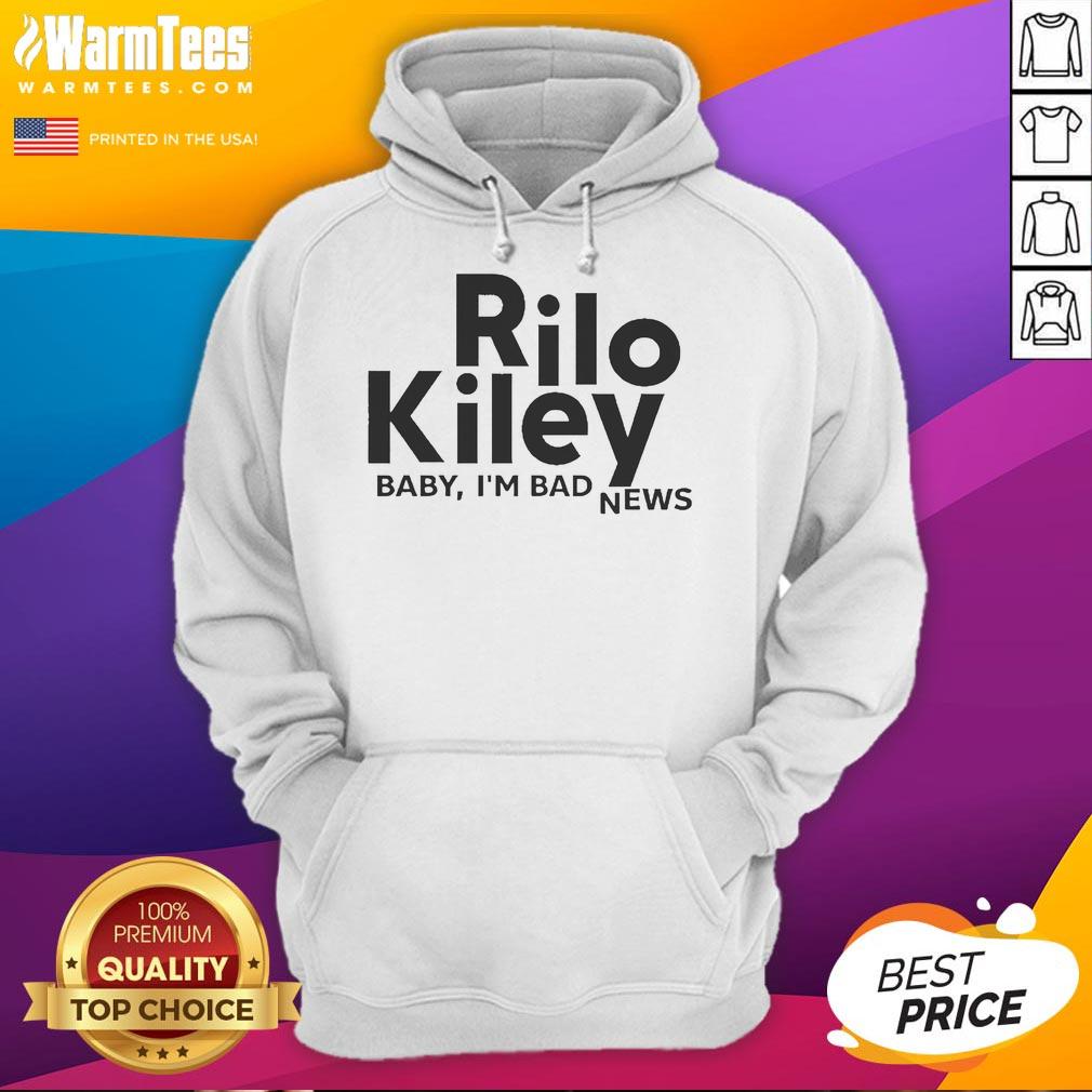 Official Rilo Kiley 'Baby I'm Bad News' hoodie displayed against a scenic Yosemite backdrop, showcasing stylish band merchandise.