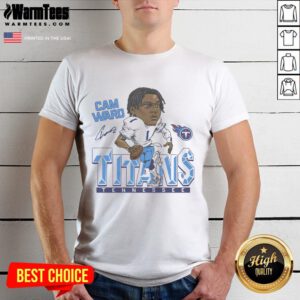 Official Titans Cam Ward signature NFL football player cartoon t-shirt featuring a vibrant graphic of Cam Ward in action.