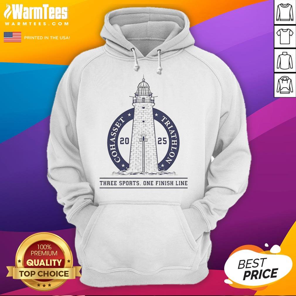 Alt Text: Top 2025 Cohasset Triathlon hoodie featuring three sports graphics and a vibrant finish line design.