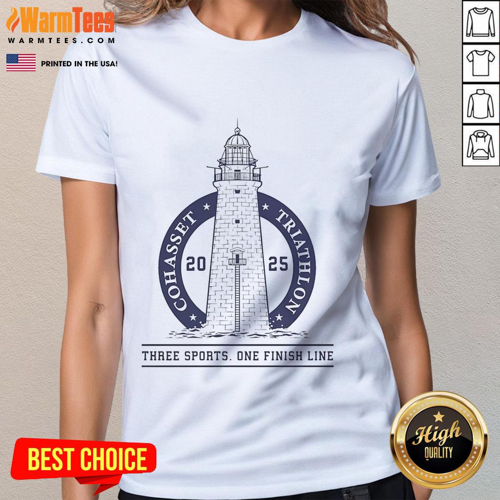 Alt Text: Cohasset Triathlon 2025 ladies tee showcasing three sports design and vibrant colors, perfect for race day.