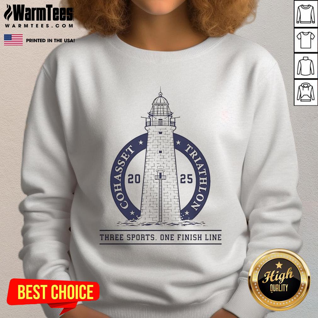 Cozy sweatshirt featuring 'Top 2025 Cohasset Triathlon: Three Sports, One Finish Line' design for athletes and fans.