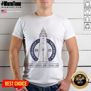 Alt Text: Top 2025 Cohasset Triathlon T-Shirt featuring 'Three Sports One Finish Line' design, perfect for athletes and fans.