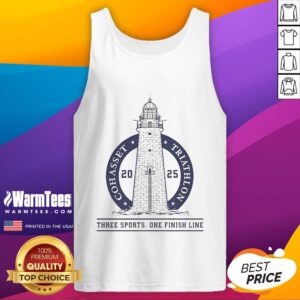 Top 2025 Cohasset Triathlon tank top showcasing three sports and one finish line design, perfect for athletes and fans.