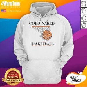 Alt Text: Awesome coed naked basketball game featuring players in hoodies shooting around the rim and scoring.